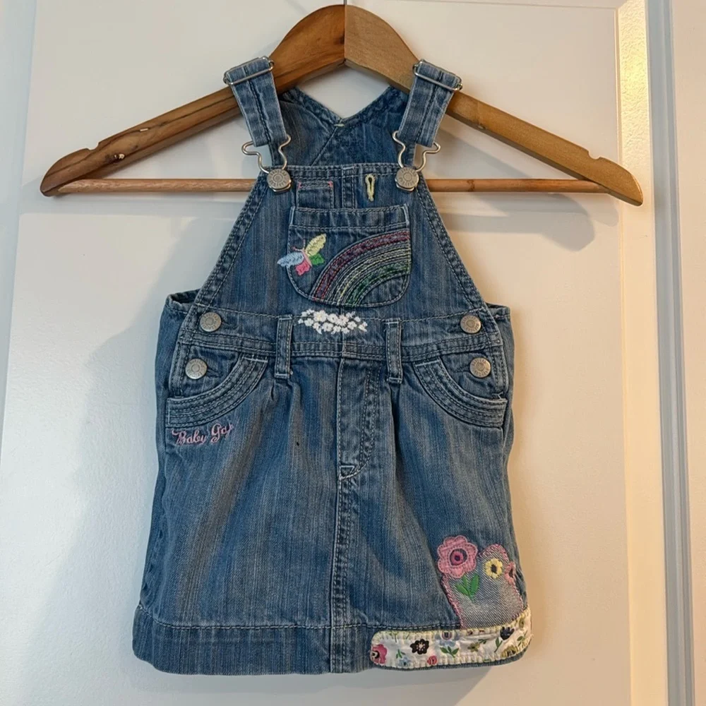 Baby Gap Embroidered 6-12 Months Denim Overall Dress embroidered rainbow floral